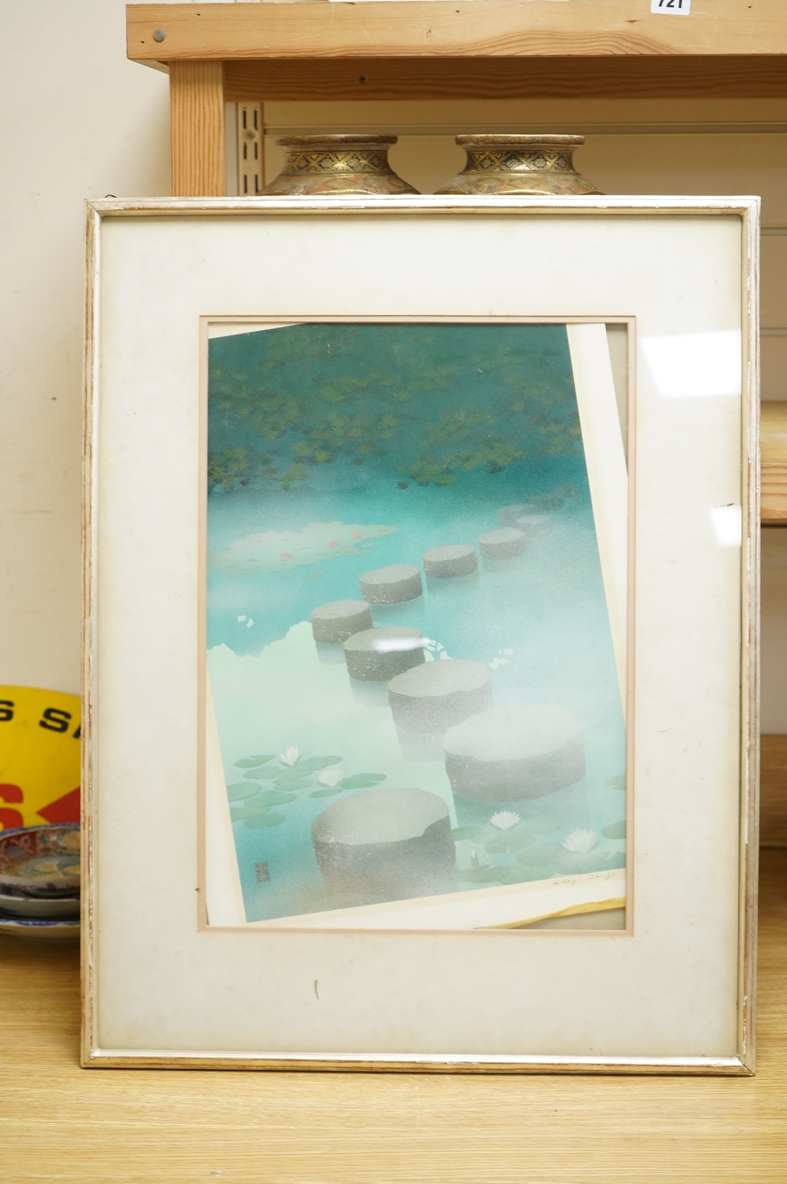 Shoji Osugi (b.1945), ‘Stepping stones’, signed and dated 1980, Japanese woodblock print, loose within the frame, 46 x 32cm